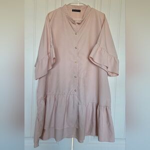 Elegant Pink Striped Dress with Ruffle Sleeves